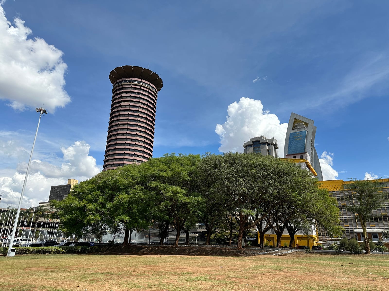 The Kenyatta International Convention Centre tower above trees in central Nairobi (file photo, 2023).