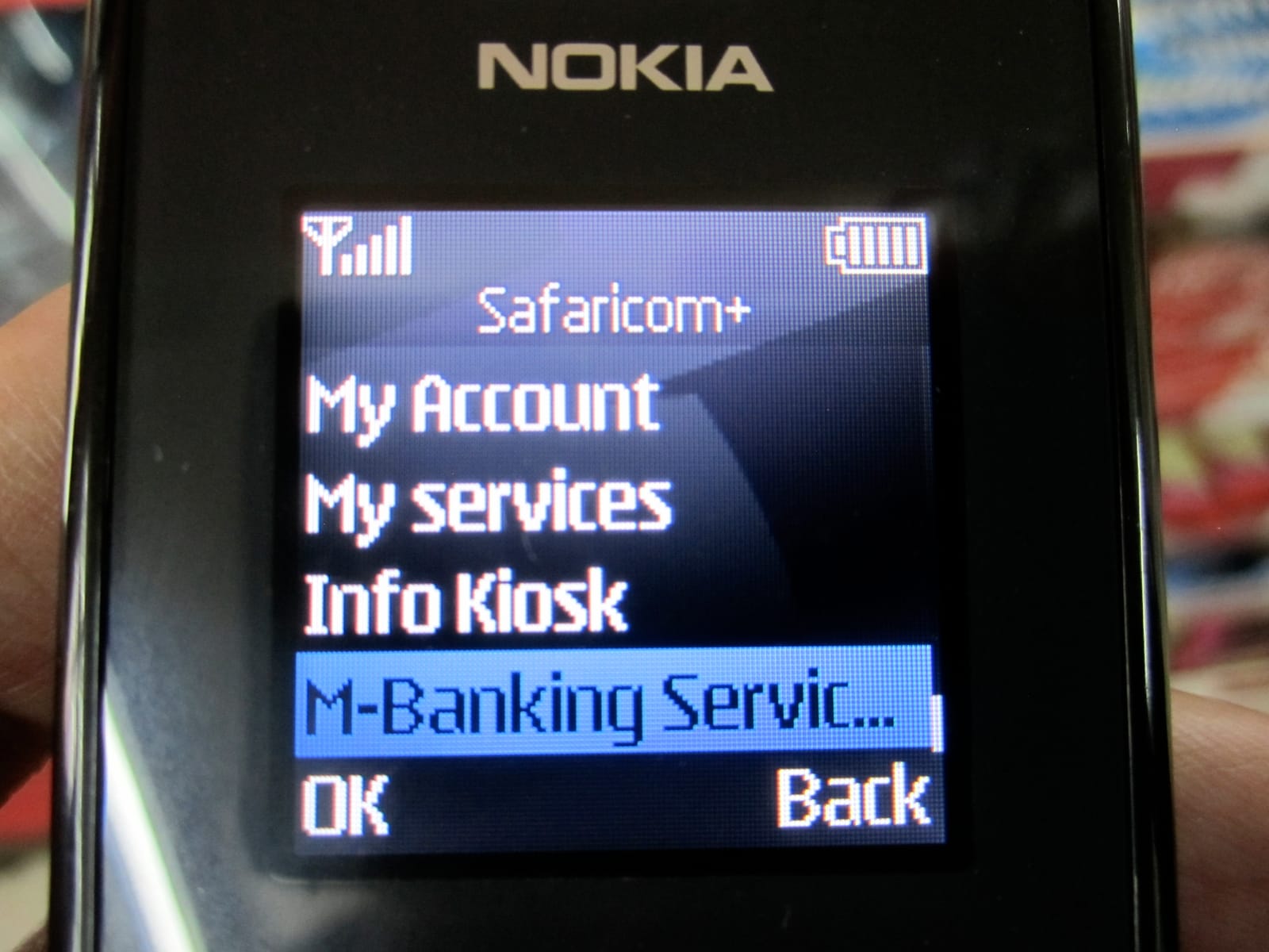 Safaricom's M-PESA service screen on a Nokia feature phone (file photo, 2013).